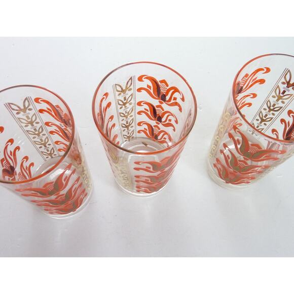 Vintage Boho Juice Glasses Drink Mid Century Glass Tumblers Orange Gold Cups - Picture 3 of 4